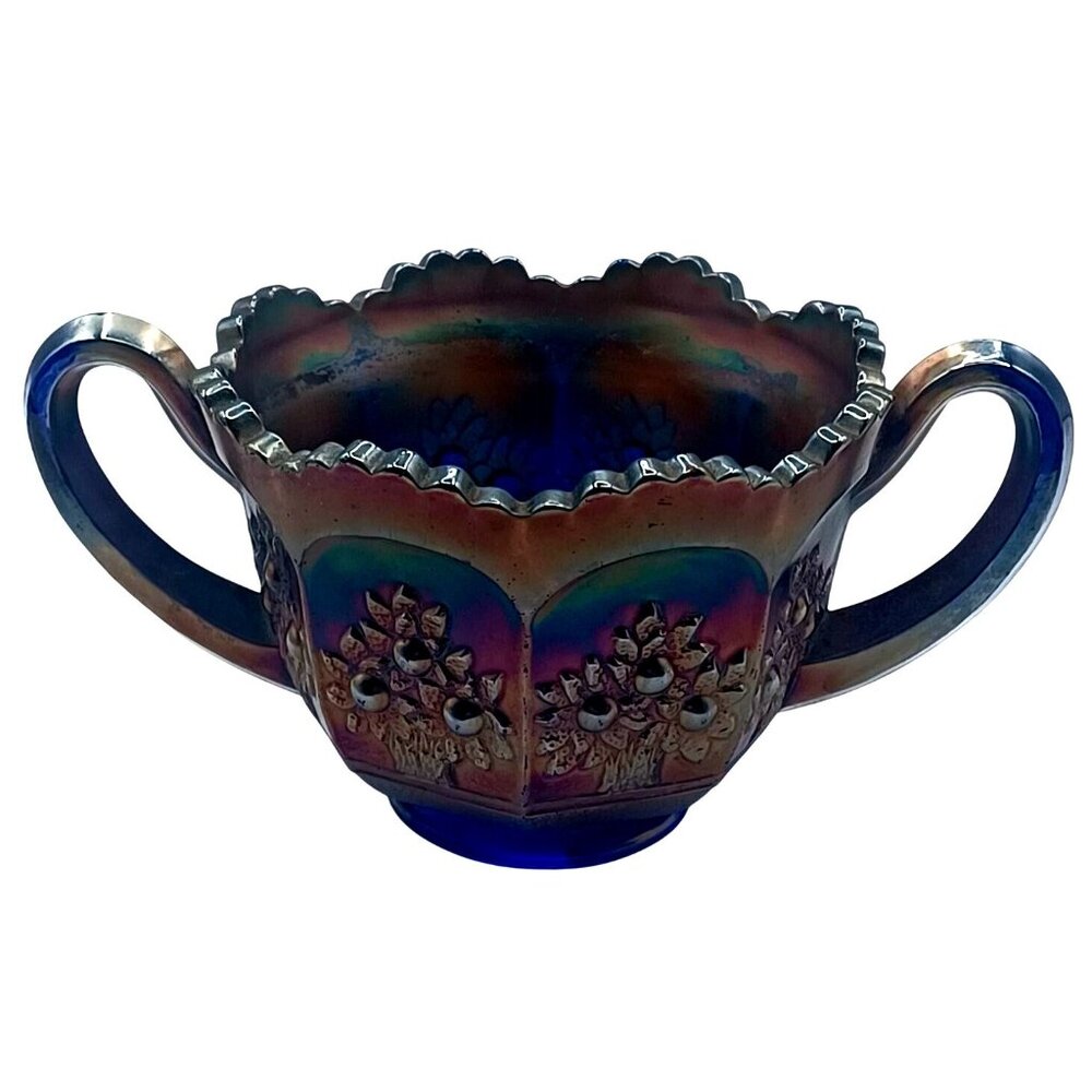Antique Fenton Orange Tree Cobalt Blue Iridescent Carnival Glass 2 Handled Sugar